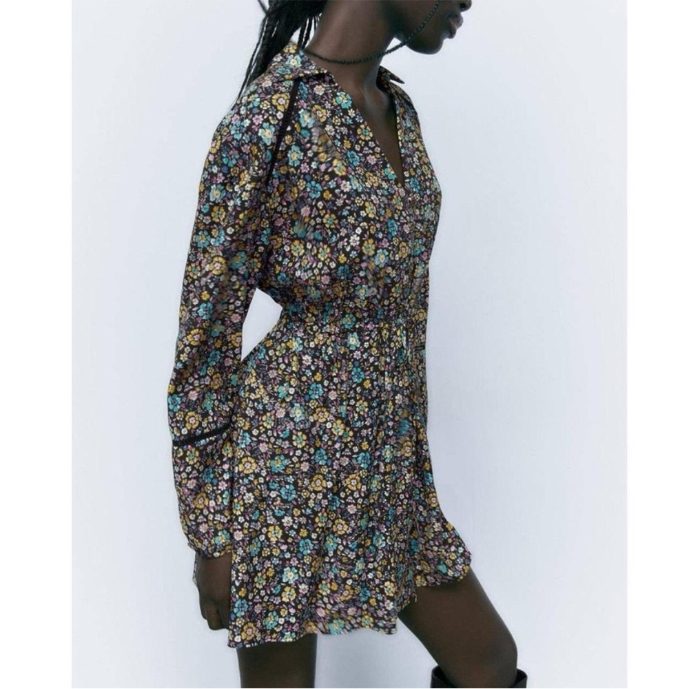Zara Multicolor Floral Print Mini Dress Button Up Ribbed Drawstring Stretchy